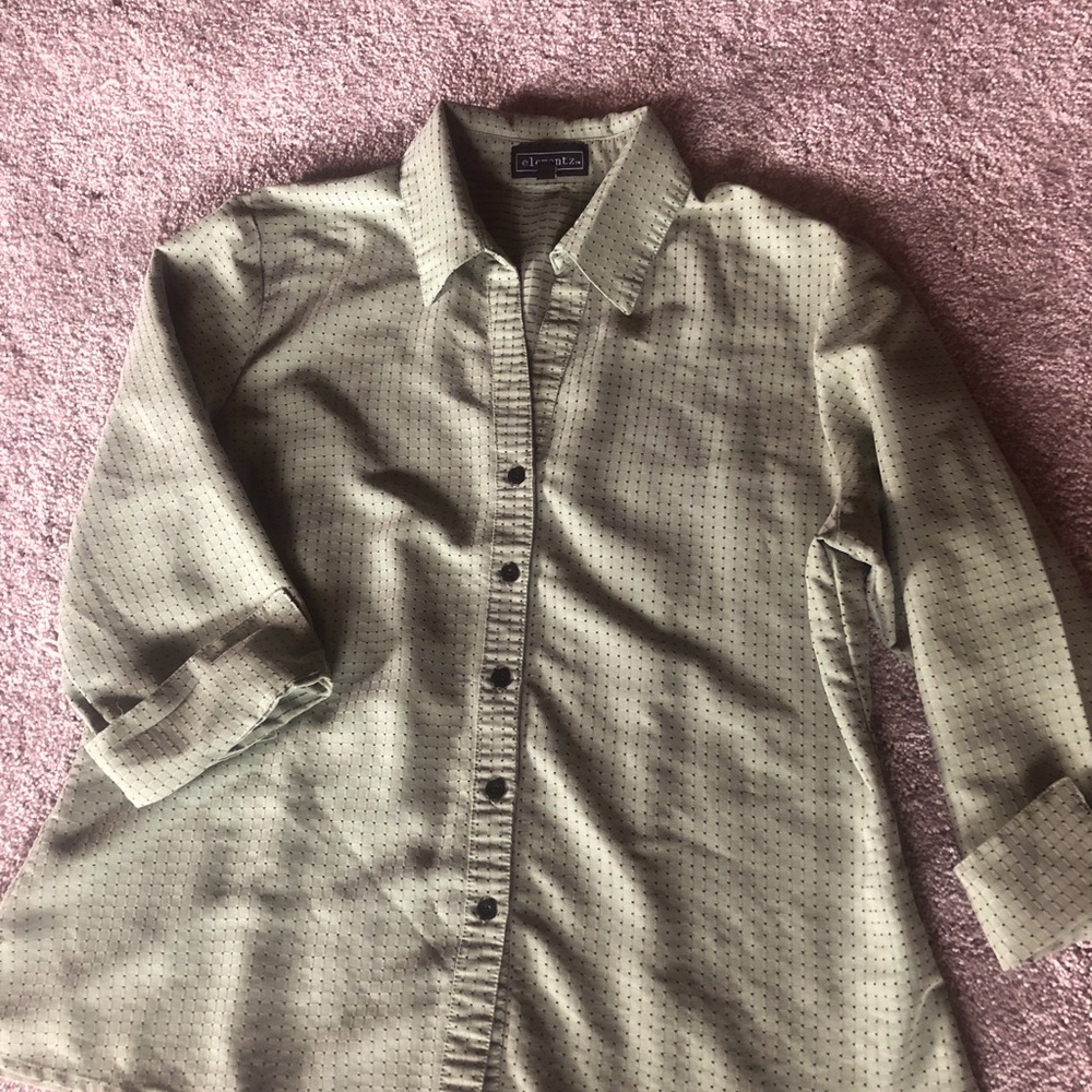 Women’s blouse, large, lime green with black dots, 3/4 cuffed sleeves